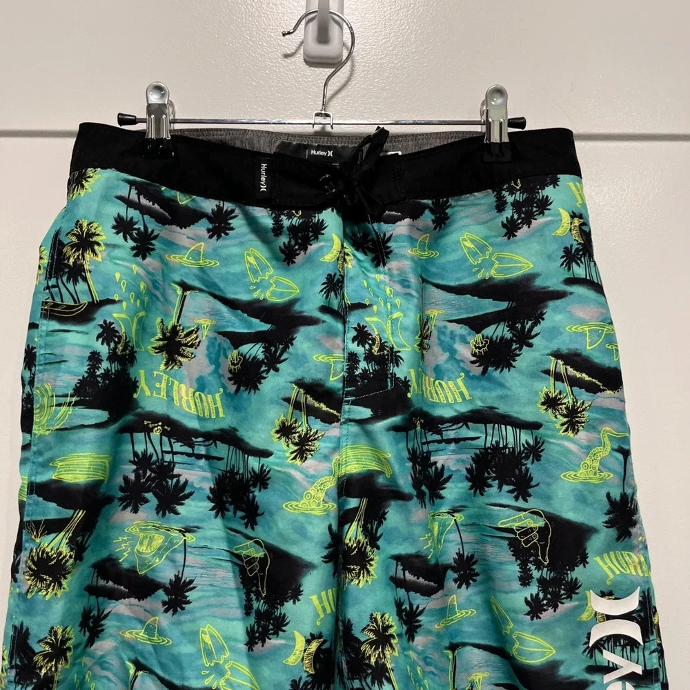Hurley Board Shorts Mens 29 Teal Black Tropical Palm Shark Fin Swim Trunks
